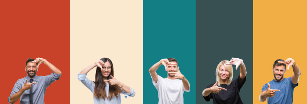 Collage of different ethnics young people over colorful stripes isolated background smiling making frame with hands and fingers with happy face. Creativity and photography concept.