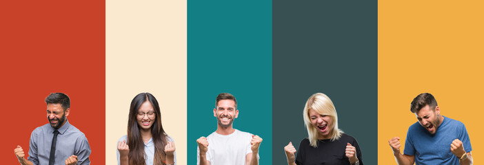 Collage of different ethnics young people over colorful stripes isolated background very happy and...