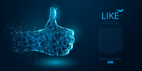 Abstract silhouette of a hand like from particles, lines and triangles on blue background. Elements on a separate layers color can be changed to any other in one click. Vector illustration