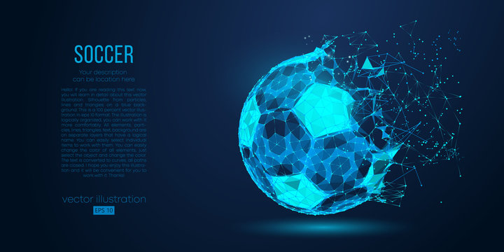 Abstract silhouette of a soccer ball from particles, lines and triangles on blue background. Football. Elements on a separate layers color can be changed to any other in one click. Vector illustration
