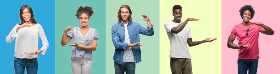 Composition of african american, hispanic and chinese group of people over vintage color background gesturing with hands showing big and large size sign, measure symbol. Smiling looking at the camera