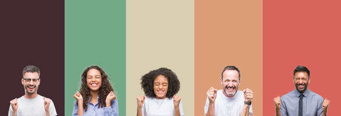 Obraz premium Collage of group of young and senior people over colorful isolated background excited for success with arms raised celebrating victory smiling. Winner concept.