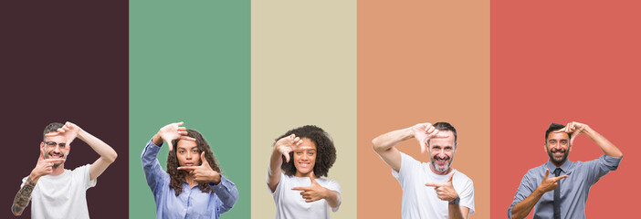 Fototapeta premium Collage of group of young and senior people over colorful isolated background smiling making frame with hands and fingers with happy face. Creativity and photography concept.