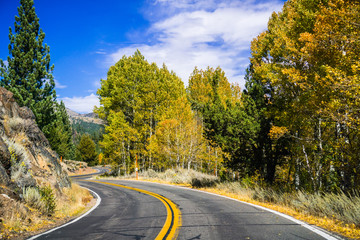 Driving through the Sierra mountains on a sunny autumn day, California