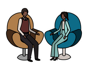 business couple sitting in chair avatar character