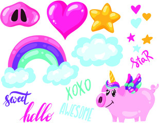 vector illustration set of hand drawn cute pig unicorn with rainbow cloud star heart and lettering words