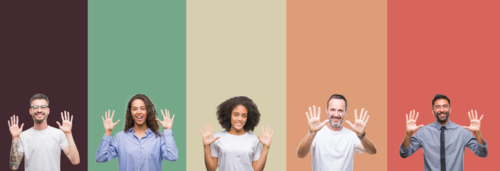 Collage of group of young and senior people over colorful isolated background showing and pointing up with fingers number ten while smiling confident and happy.
