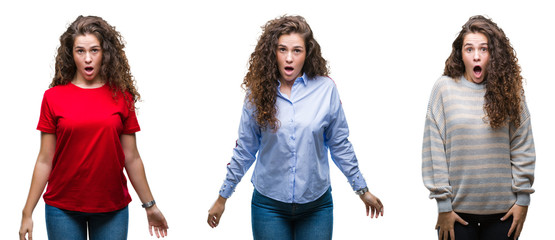 Collage of young brunette curly hair girl over isolated background afraid and shocked with surprise...