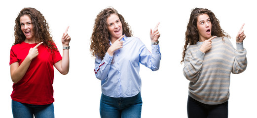 Collage of young brunette curly hair girl over isolated background smiling and looking at the camera pointing with two hands and fingers to the side.