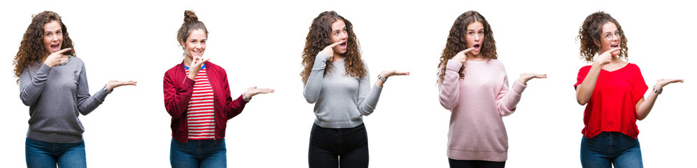 Collage of young brunette curly hair girl over isolated background amazed and smiling to the camera while presenting with hand and pointing with finger.