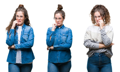 Fototapeta premium Collage of young brunette curly hair girl over isolated background looking stressed and nervous with hands on mouth biting nails. Anxiety problem.