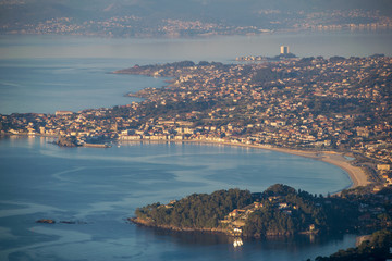 Aerial view of the village of Nigran with the Ria de Vigo in the background