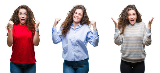 Collage of young brunette curly hair girl over isolated background celebrating surprised and amazed for success with arms raised and open eyes. Winner concept.