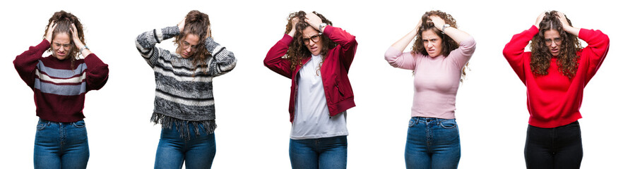 Collage of young brunette curly hair girl over isolated background suffering from headache desperate and stressed because pain and migraine. Hands on head.