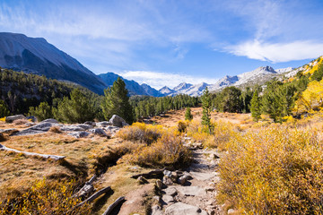 Alpine landscape in the Eastern Sierra mountains on a sunny autumn day, Little Lakes Valley trail, John Muir wilderness, California
