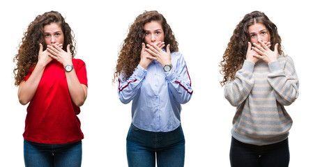 Collage of young brunette curly hair girl over isolated background shocked covering mouth with hands for mistake. Secret concept.