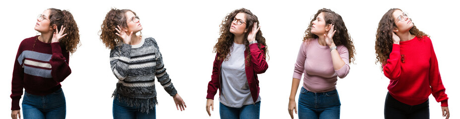 Collage of young brunette curly hair girl over isolated background smiling with hand over ear listening an hearing to rumor or gossip. Deafness concept.