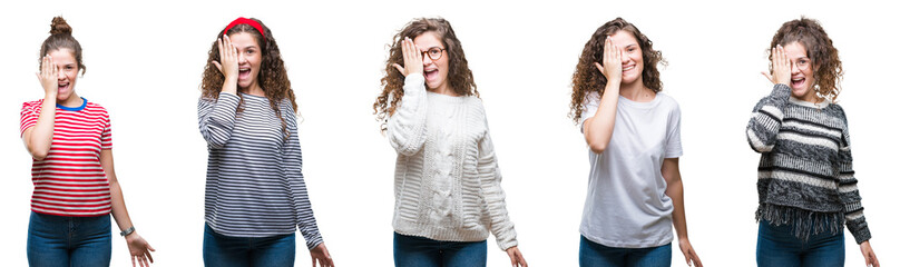 Collage of young brunette curly hair girl over isolated background covering one eye with hand with confident smile on face and surprise emotion.