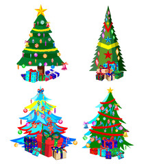 Star decorations, balls and light chains decorated Christmas trees with lots of gift boxes.