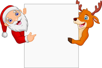 Cartoon Santa Claus and reindeer pointing at blank sign