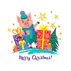 Pig and Christmas gifts. Boxes of gifts. Greeting card. Winter and New Year of Pig