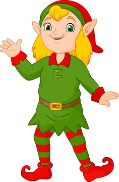 Cartoon christmas girl elf waving