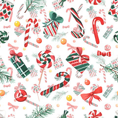 The pattern with watercolors New Year's decorations, gifts and sweets.
