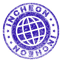 INCHEON stamp imprint with grunge style. Blue vector rubber seal imprint of INCHEON title with grunge texture. Seal has words arranged by circle and globe symbol.