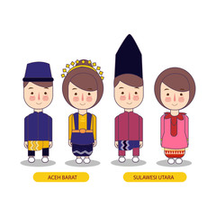 Aceh Barat and Sulawesi Utara traditional national clothes of Indonesia. Set of cartoon characters in traditional costume. Cute people. Vector flat illustrations.