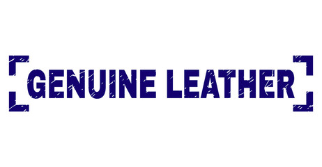 GENUINE LEATHER caption seal print with corroded effect. Text caption is placed inside corners. Blue vector rubber print of GENUINE LEATHER with grunge texture.
