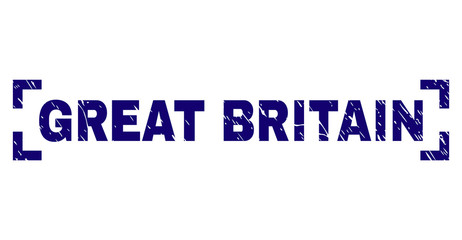 GREAT BRITAIN title seal watermark with grunge texture. Text tag is placed inside corners. Blue vector rubber print of GREAT BRITAIN with grunge texture.