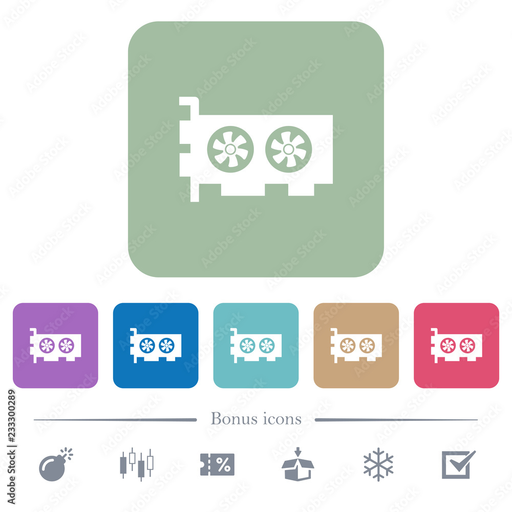 Poster computer video card flat icons on color rounded square backgrounds