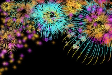 Fireworks celebration bright explosion of colorful bursts, unique background in horizontal format design