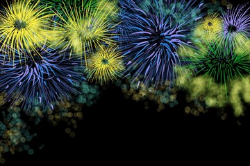 Fototapeta premium Fireworks celebration bright explosion of colorful bursts, unique background in horizontal format design