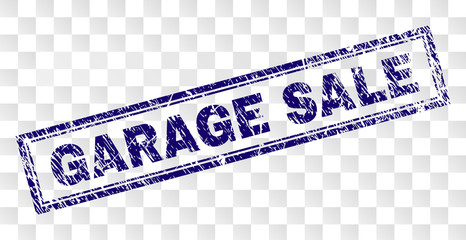 GARAGE SALE stamp seal print with rubber print style and double framed rectangle shape. Stamp is placed on a transparent background. Blue vector rubber print of GARAGE SALE text with corroded texture.