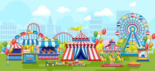 Colorful Flat Style Of Amusement Park With Plenty Of Merry-go-rounds On Urban Background