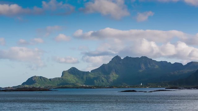 Lofoten islands, Norway - the town of Stamsund and the surrounding mountaintops on a summer evening.