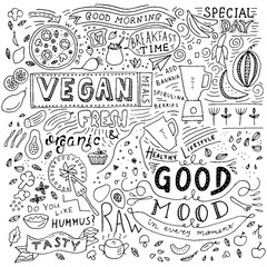 Kitchen doodle pattern, cafe template design. Sketchy food, kitchen wall art. Restaurant wall doodle.