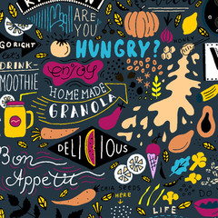 Restaurant and Cafe Doodle Pattern. Kitchen Art, Kitchen Sign. Sketchy food print.