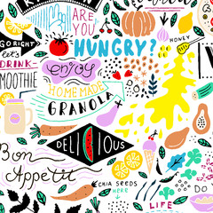 Vector food pattern. Funny vegan kitchen print.