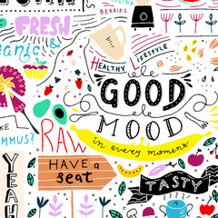 Kitchen doodle pattern, cafe template design. Sketchy food, kitchen wall art. Restaurant wall doodle.