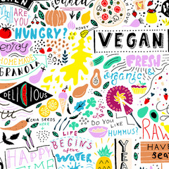 Vector food pattern. Funny vegan kitchen print.
