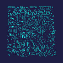 Kitchen Blackboard Lettering and Sketchy food. Vector Menu Elements. Cafe template design. Restaurant wall typography.