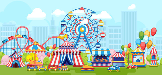 Bright flat design of amusement park with Ferris wheel on urban background 