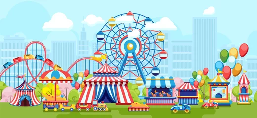Deurstickers Bright flat design of amusement park with Ferris wheel on urban background  © studioworkstock