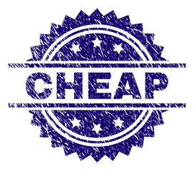 CHEAP stamp seal watermark with distress style. Blue vector rubber print of CHEAP tag with dust texture.