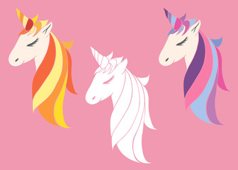 Fototapeta na wymiar set of vector unicorns beautiful for girls, festive purple for birthday. head of a unicorn with a horn mane