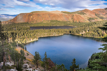 Aerial view of Lake George in the Mammoth Lakes basin close to sunset; Lake Marie visible in the background; Eastern Sierra mountains, California