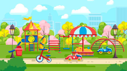 Flat style of colorful playground with kids cars on urban background
