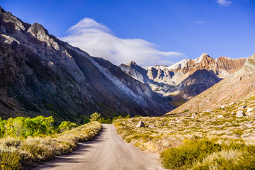 Morning views of the rocky ridges and summits of Eastern Sierras